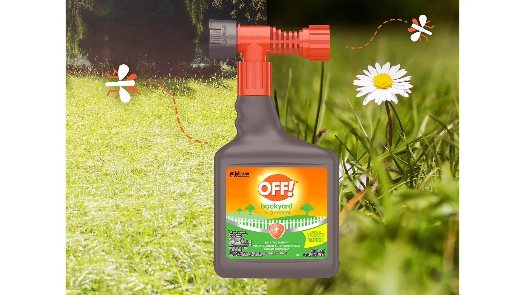 Un jardín con una botella de control de insectos OFF! Para jardín en primer plano