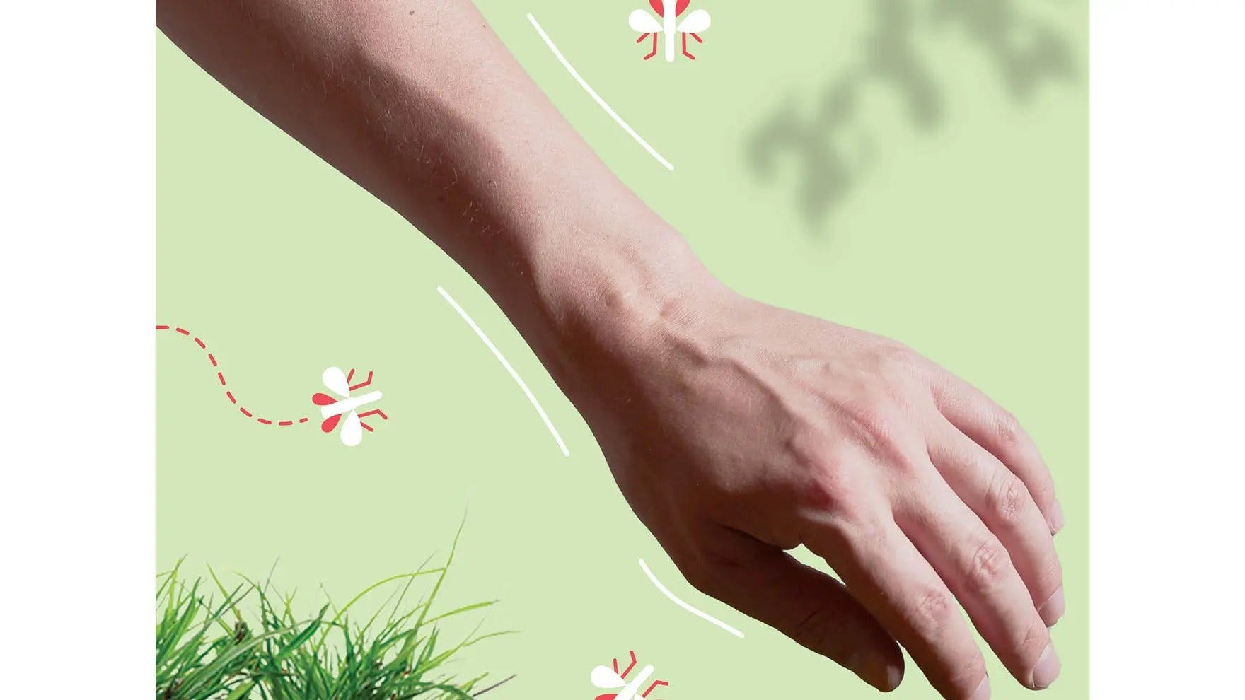 Close up of an arm on a green background with illustrated bugs flying around it