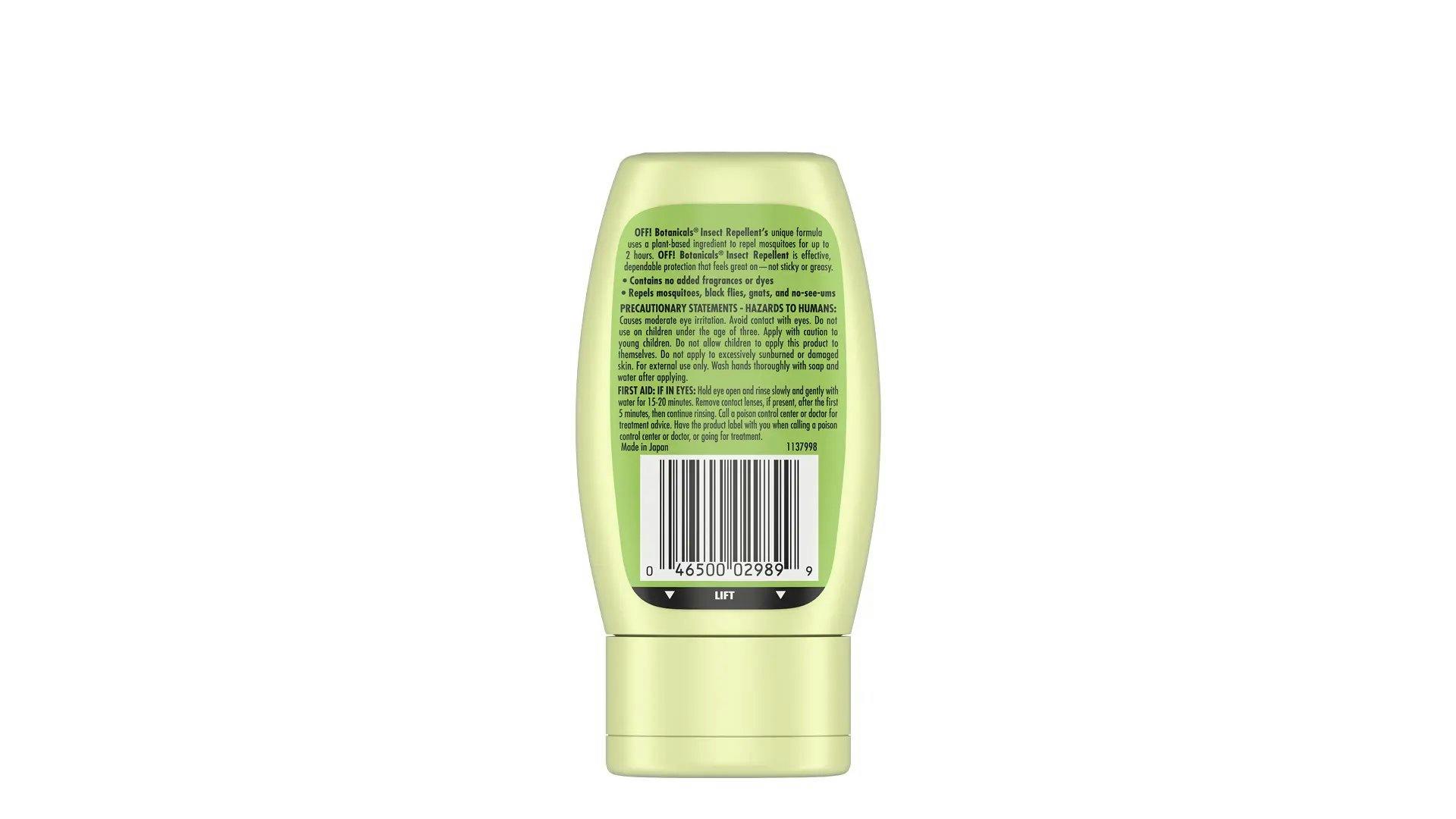 Back of an OFF! Botanicals Insect Repellent Lotion Bottle