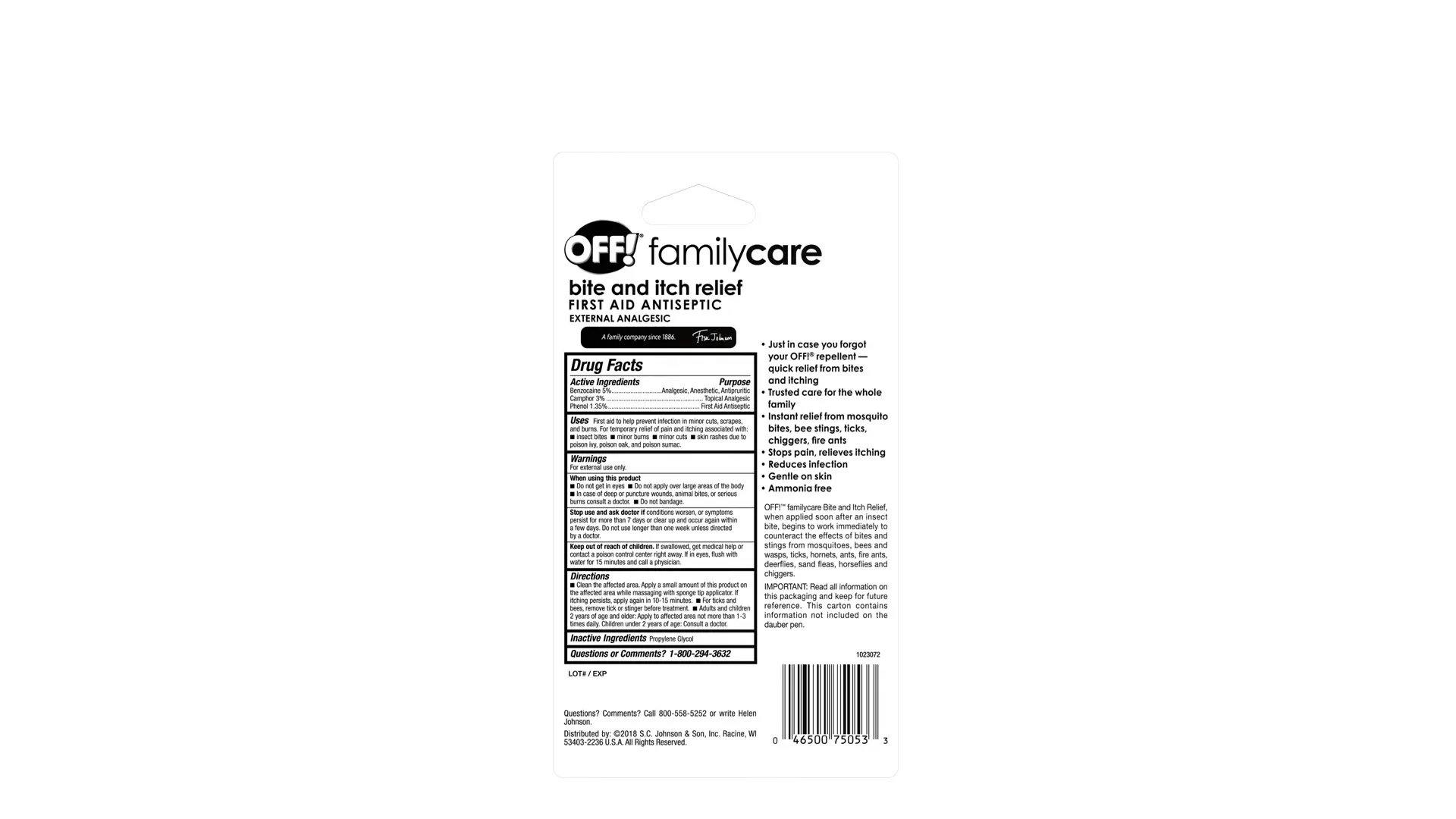 Back of a FamilyCare Bite and Itch Relief Dauber Pen package