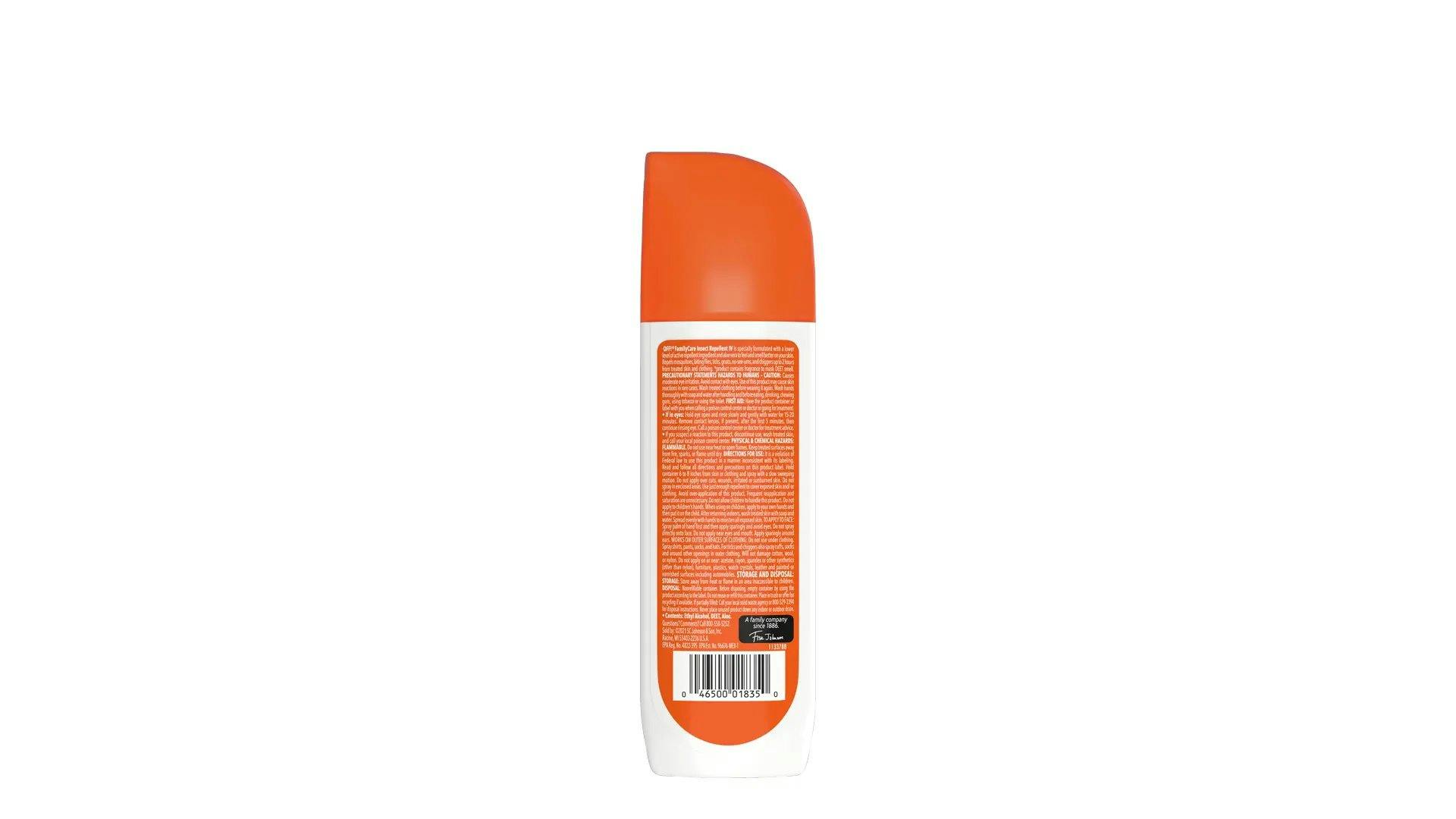 Back of a FamilyCare Insect Repellent IV Unscented spray bottle